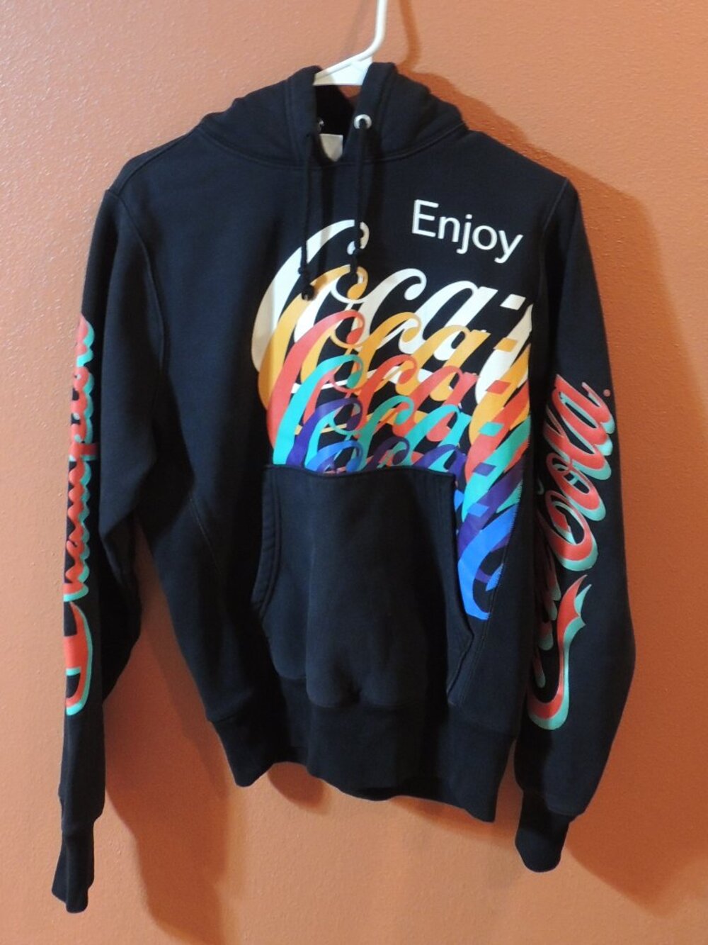 Coca Cola Champion Hoodie Men Small Black White Red Outdoor Travel Hoodie
